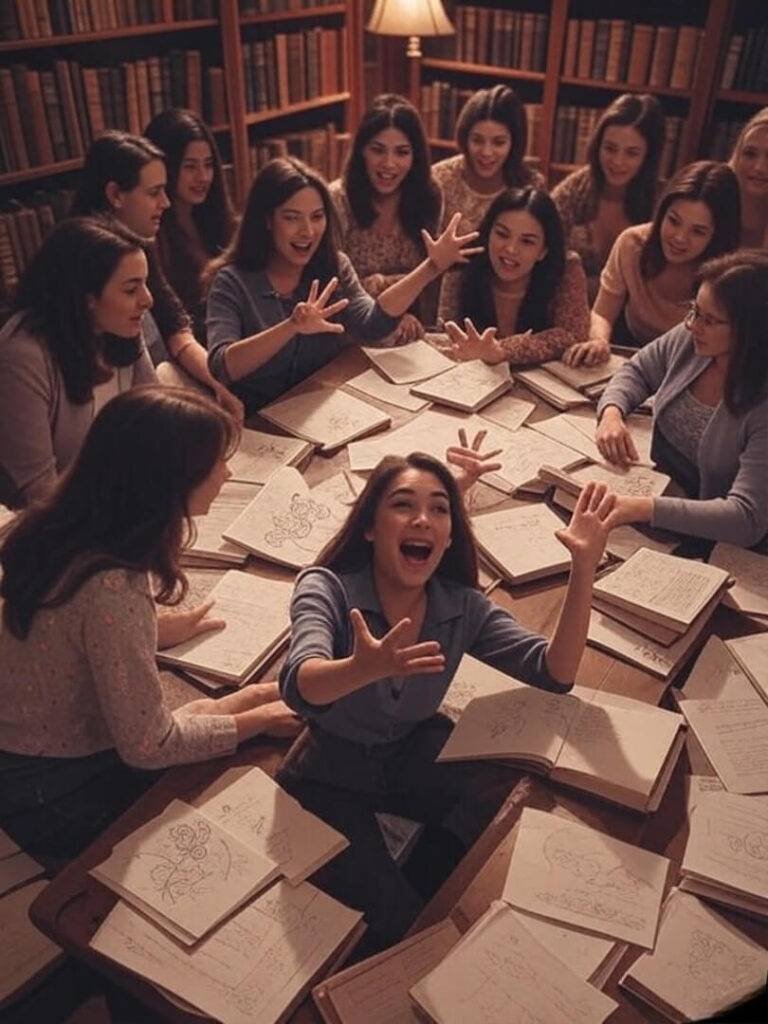 Women circled in library, storytelling and doodling, sepia-toned Polaroid vibe.