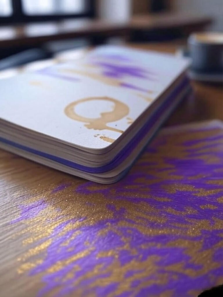 Messy notebook with coffee stain, wild purple and gold highlighter streaks, leadership workshop vibe.