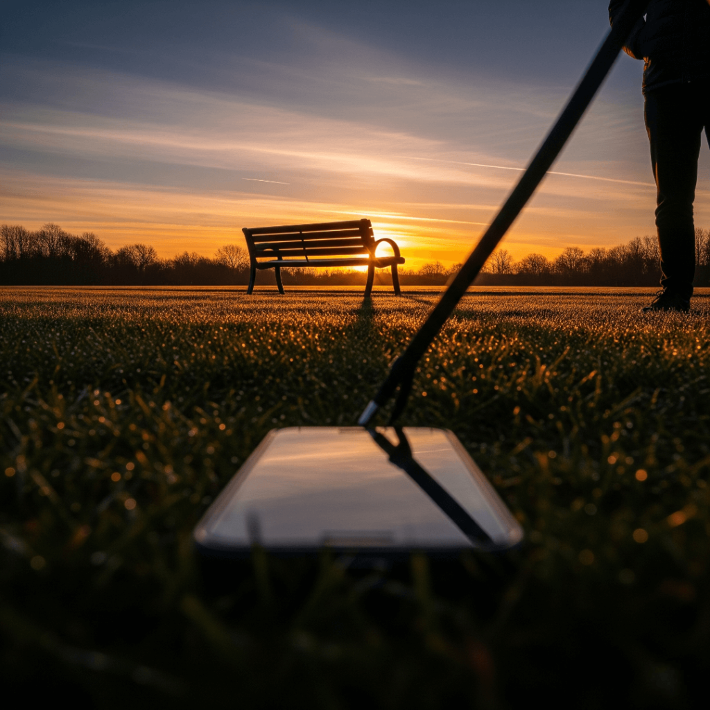 A low-angle shot of a park bench at sunset, with a long shadow.
