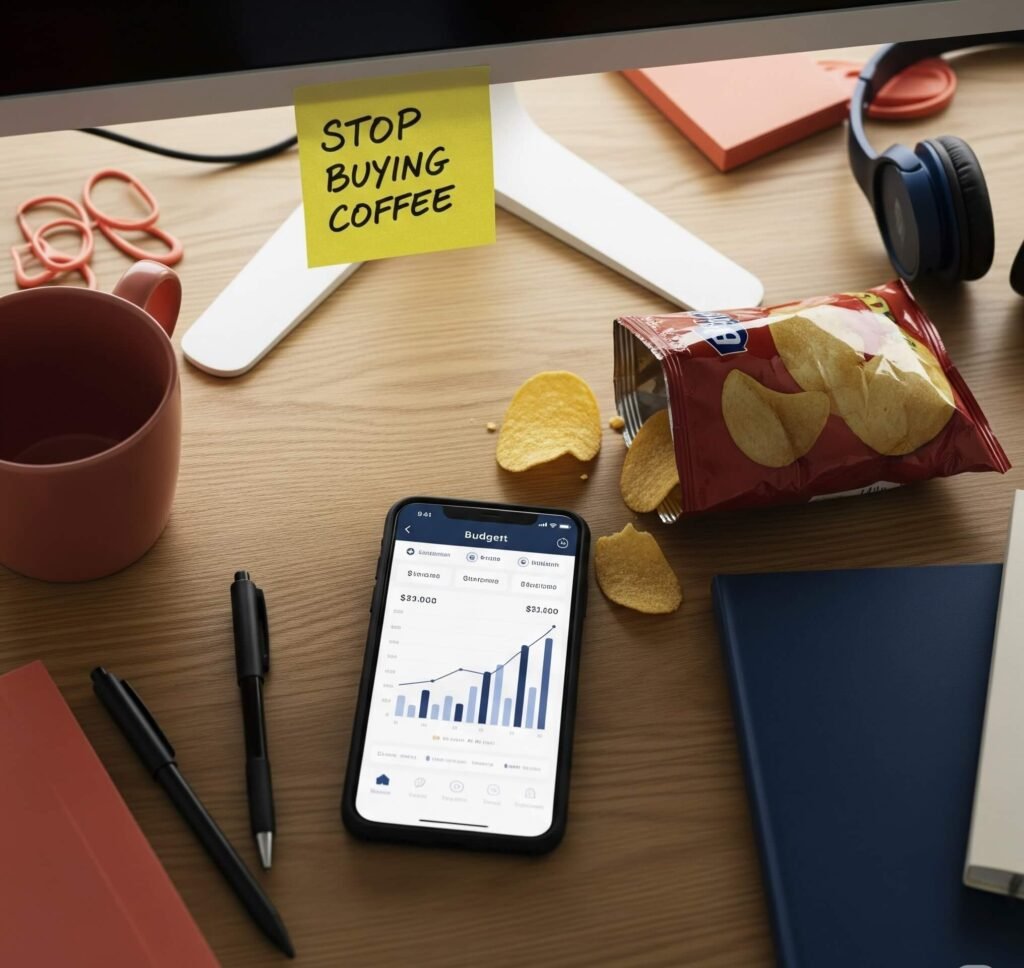 Candid Desk Photo: Budgeting App, Chips, and "Stop Buying Coffee" Note