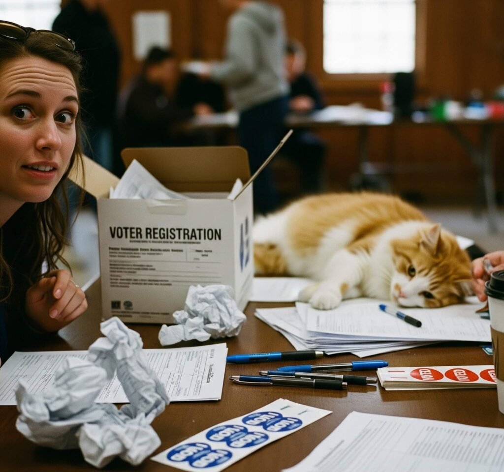 Young Woman Registering to Vote with a Cat