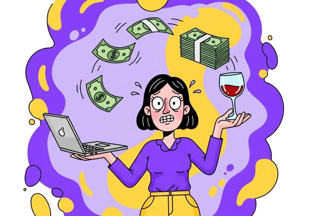Quirky Cartoon: Juggling Financial Responsibilities.