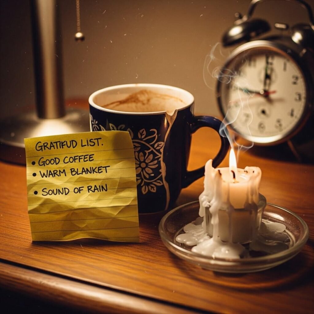A retro-style shot of a gratitude list, mug, and candle.