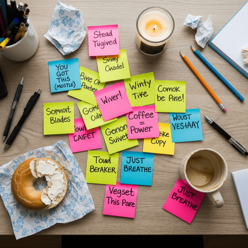 An overhead shot of a messy desk with sticky notes, a bagel, and a candle.