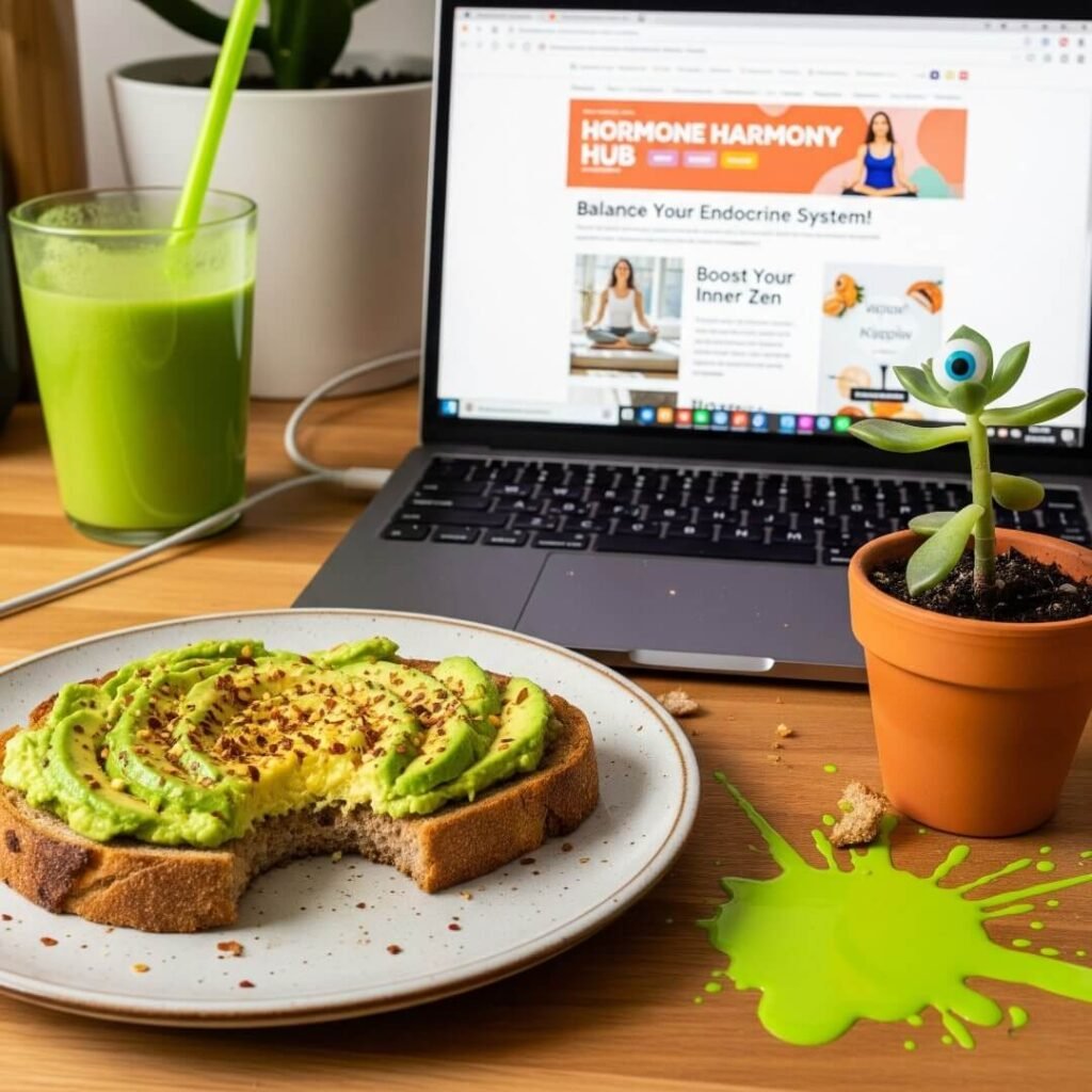 A photorealistic image of a kitchen counter with avocado toast, a laptop, and a succulent with a googly eye.