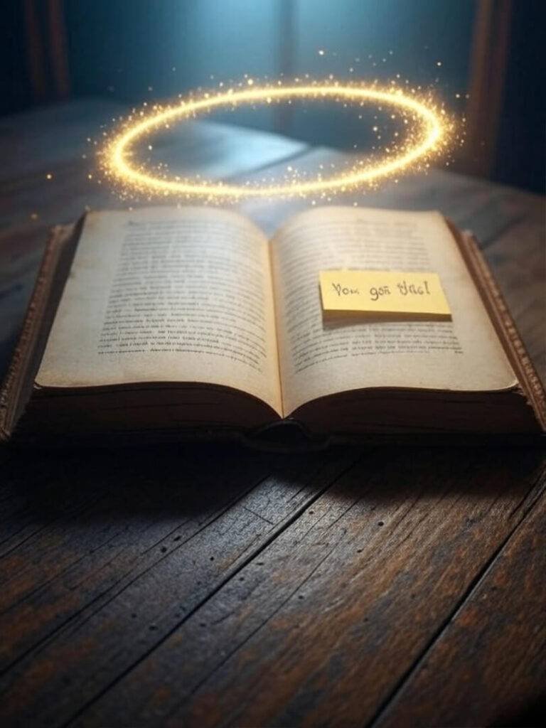 Worn book with glowing halo, "You got this!" note, teal and gold tones.