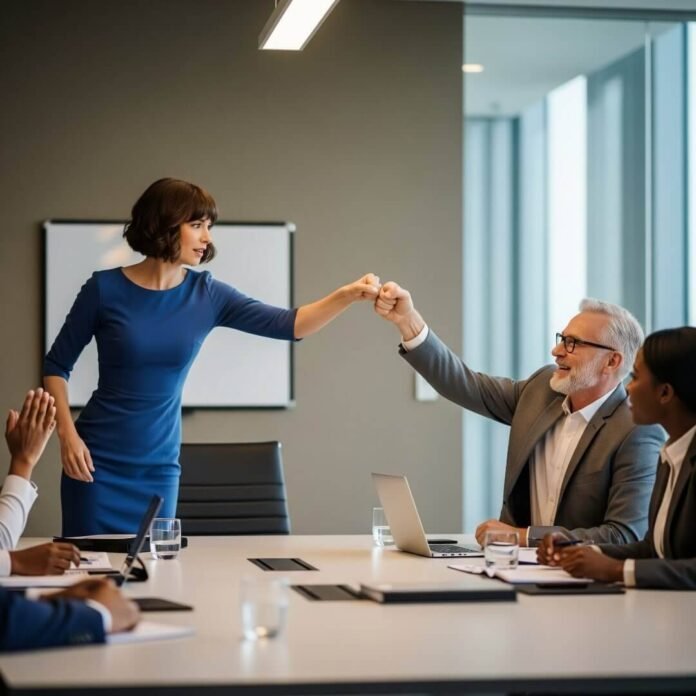 A woman nervously stands up in a meeting, then does a goofy fist-bump when her idea lands.