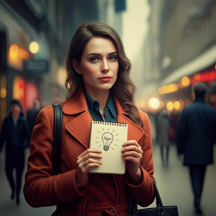 A woman in an urban setting holds a notebook with a lightbulb drawing, symbolizing an idea.