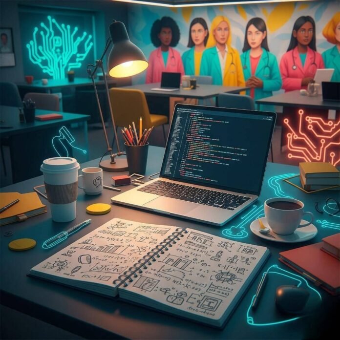 A blurred, optimistic scene with a glowing laptop, doodled notebook, and diverse women mural, accented by coffee cups and neon circuits.
