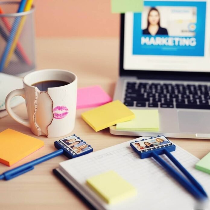 A messy desk with a chipped coffee mug, laptop, sticky notes, and billboard-shaped pens.