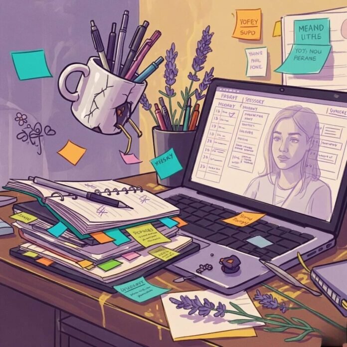 An impressionistic digital painting of a messy desk with a chipped mug of pens, a planner, a laptop reflecting a stressed face and schedule, and scattered lavender sprigs, in muted purples, warm golds, and vibrant teal.
