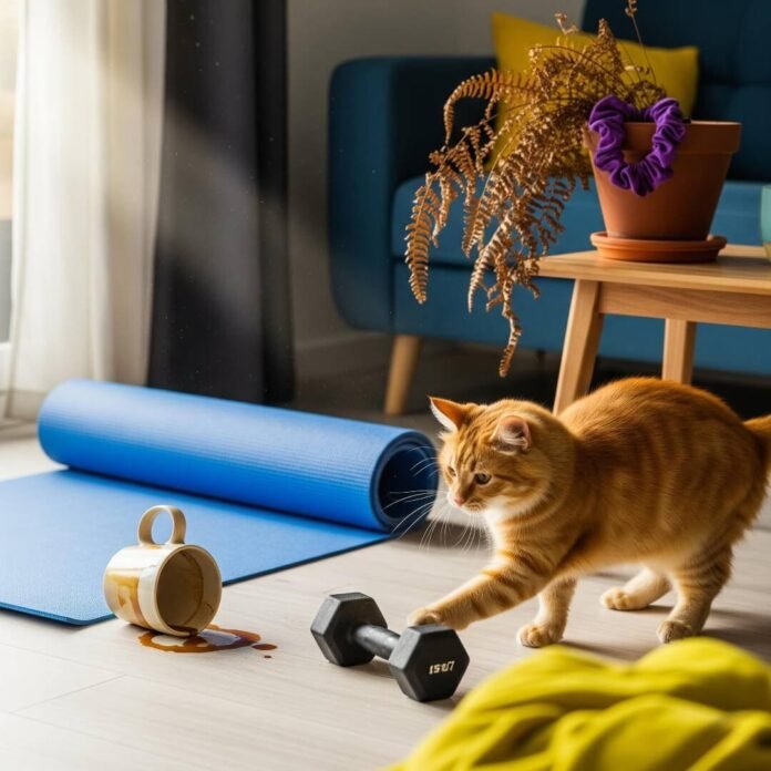 A cat plays with a dumbbell next to a spilled coffee mug and yoga mat.