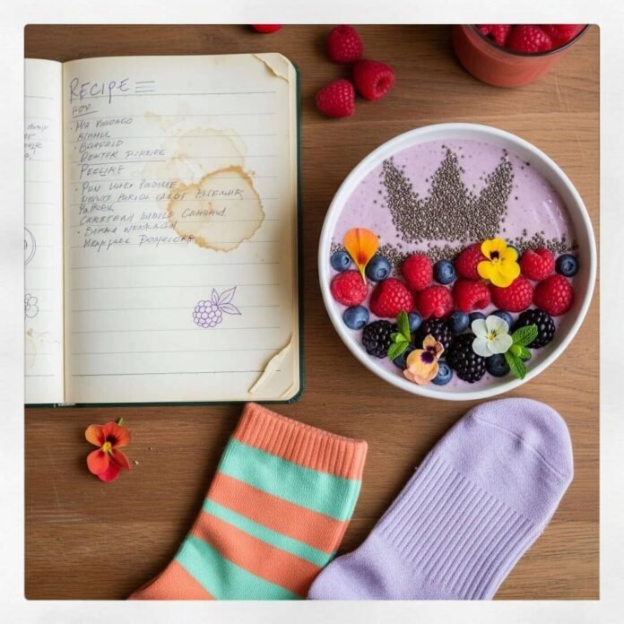 A smoothie bowl with berries, a recipe book, and mismatched socks.