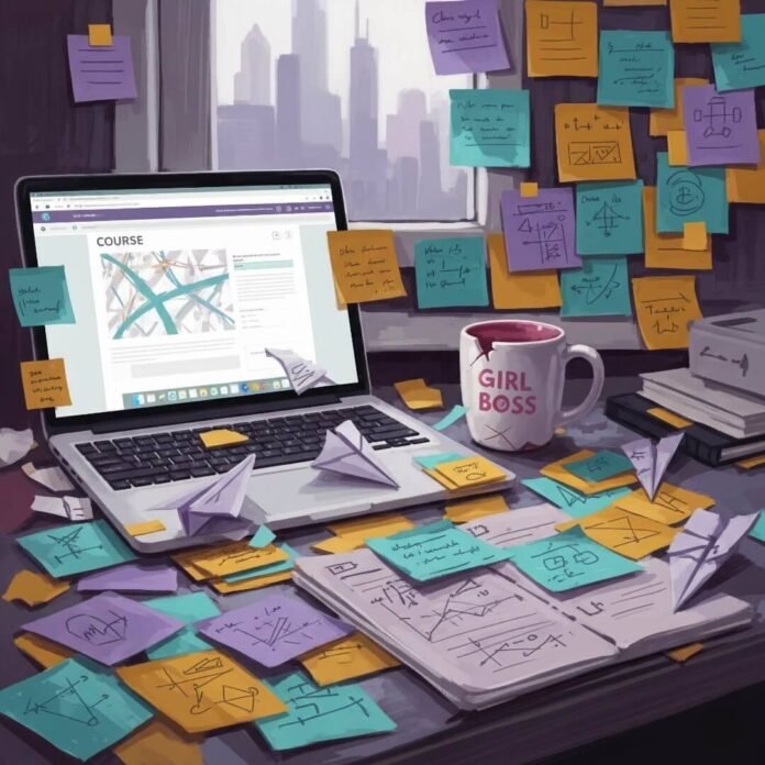 Impressionistic digital painting of a chaotic Chicago desk with a laptop and sticky notes.