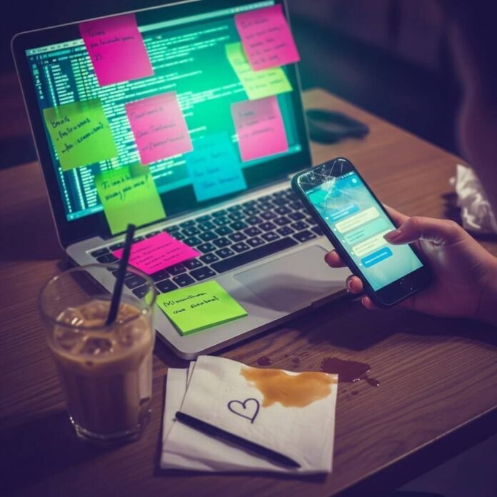 A person's hands work on a laptop with code, a phone, and coffee.