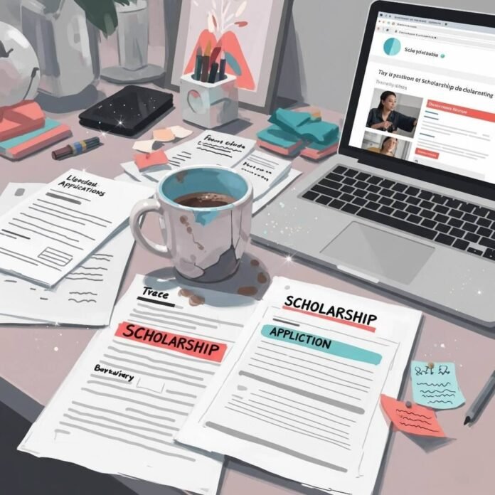 A chaotic desk with scholarship papers, a chipped coffee mug, and an open laptop.