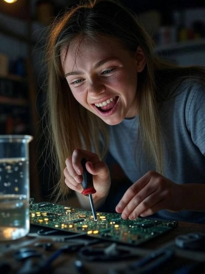 Teenage girl tinkering with circuit board in garage, face lit by flickering lights, beaker bubbling nearby.