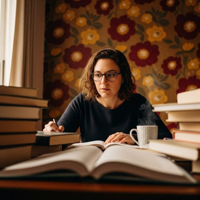 A woman in her 30s working at a cluttered desk.