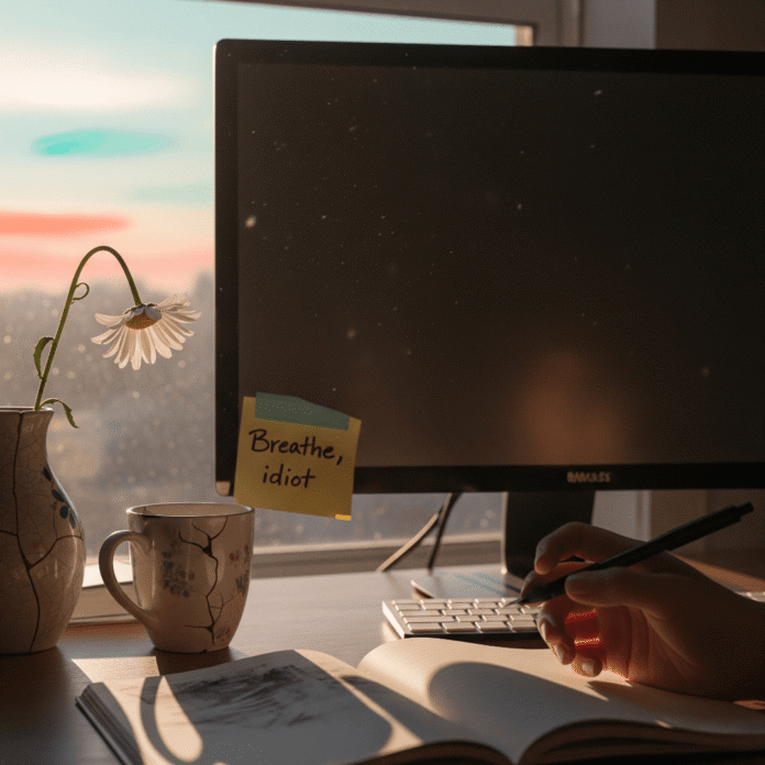 A cluttered desk in Brooklyn with a 