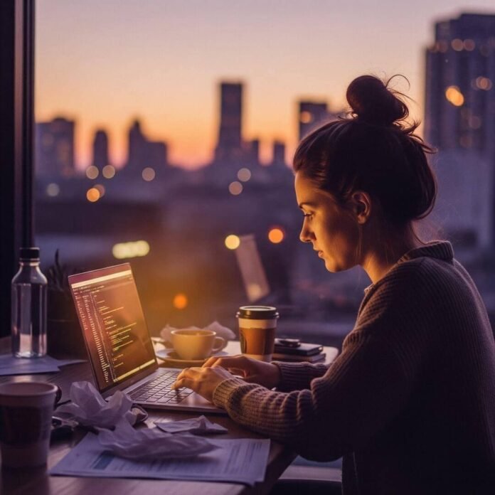 A woman with a bun codes at a messy coffee shop table as dusk settles over the city outside the window.