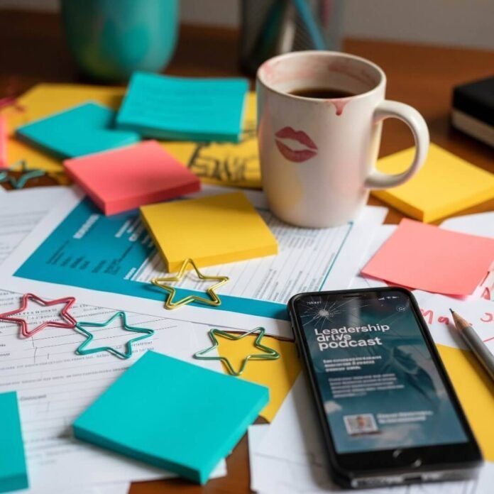 A messy desk with sticky notes, a coffee mug with lipstick, a cracked phone playing a podcast, and star-shaped paperclips