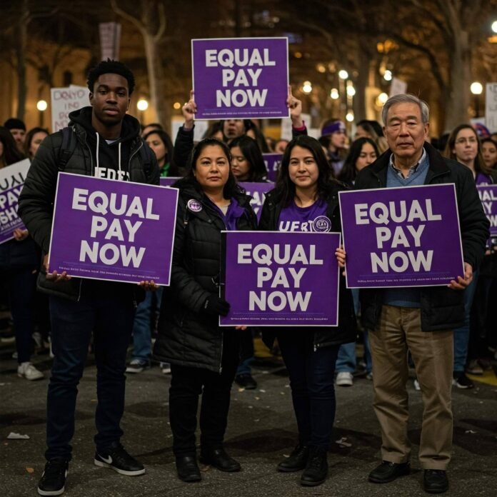 a diverse group of people holding signs “Equal Pay Now”