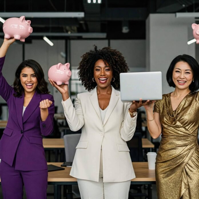 A diverse group of women celebrating financial success