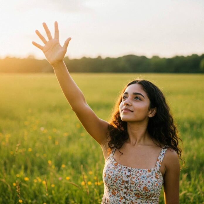 A woman standing in a sunlit open field with an outstretched hand