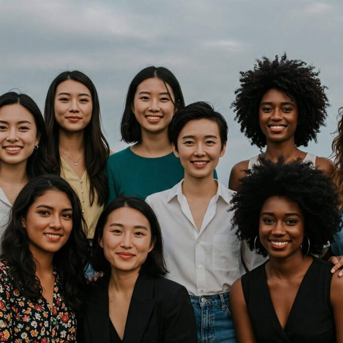 Diverse women with empowerment symbols.