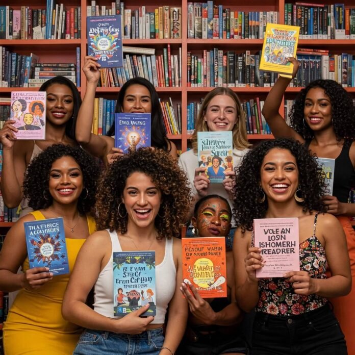 Diverse women holding empowering books