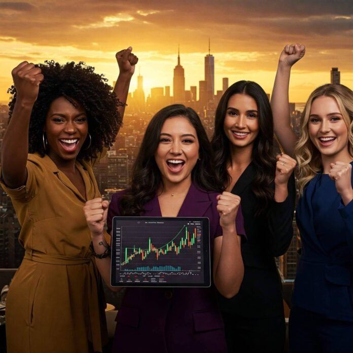 Women celebrating financial success together.