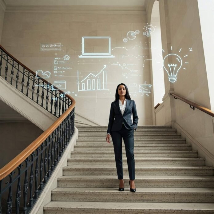 Confident woman atop staircase with business icons