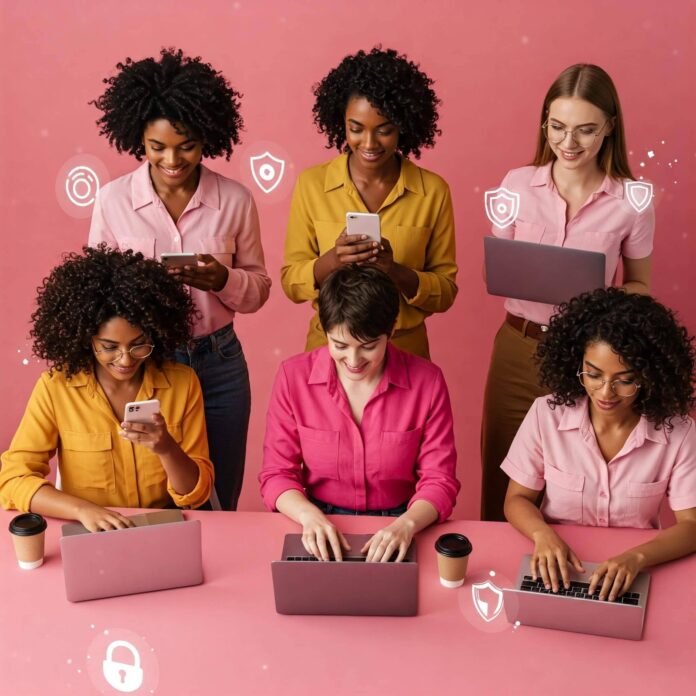 Diverse women with cybersecurity icons.
