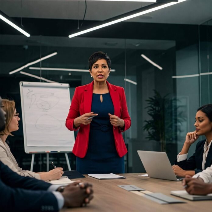 Woman leading diverse team meeting.