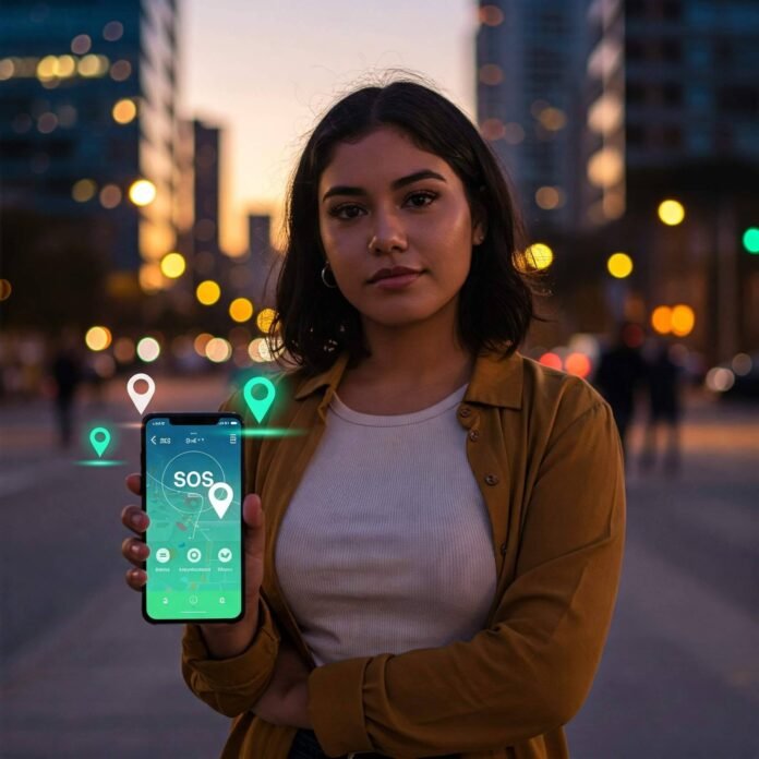 Woman using safety app in city