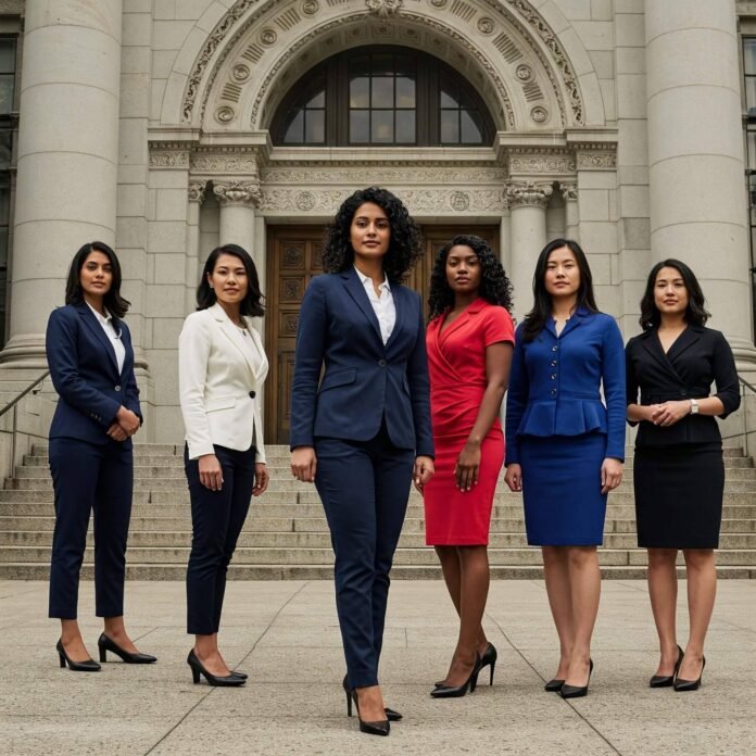 Diverse group of women standing confidently in front of a courthouse