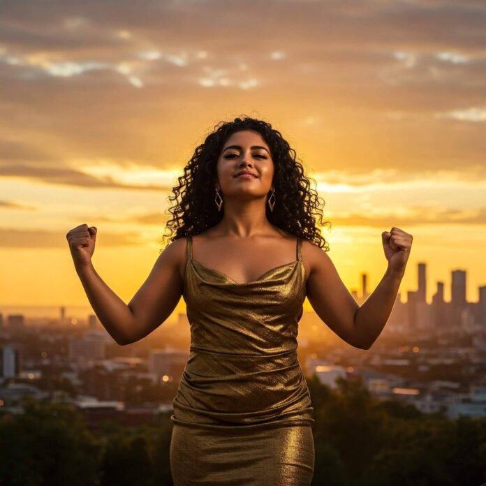 Confident woman standing with a sunrise cityscape