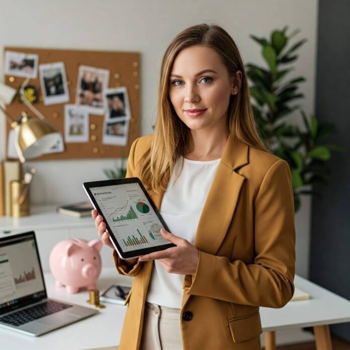 Confident woman in her 30s holding a tablet
