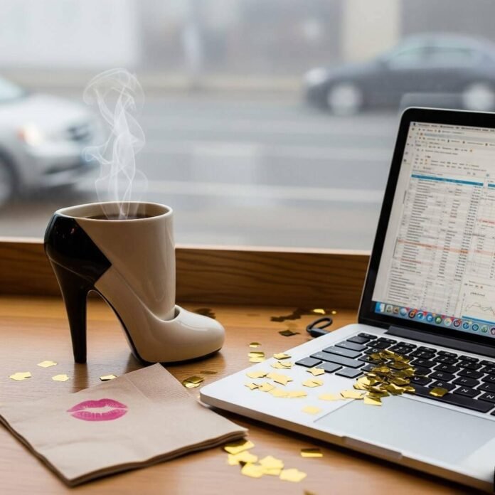 A high-heel-shaped coffee mug on a table next to a laptop with a spreadsheet, a napkin with a lipstick mark, and scattered gold confetti.