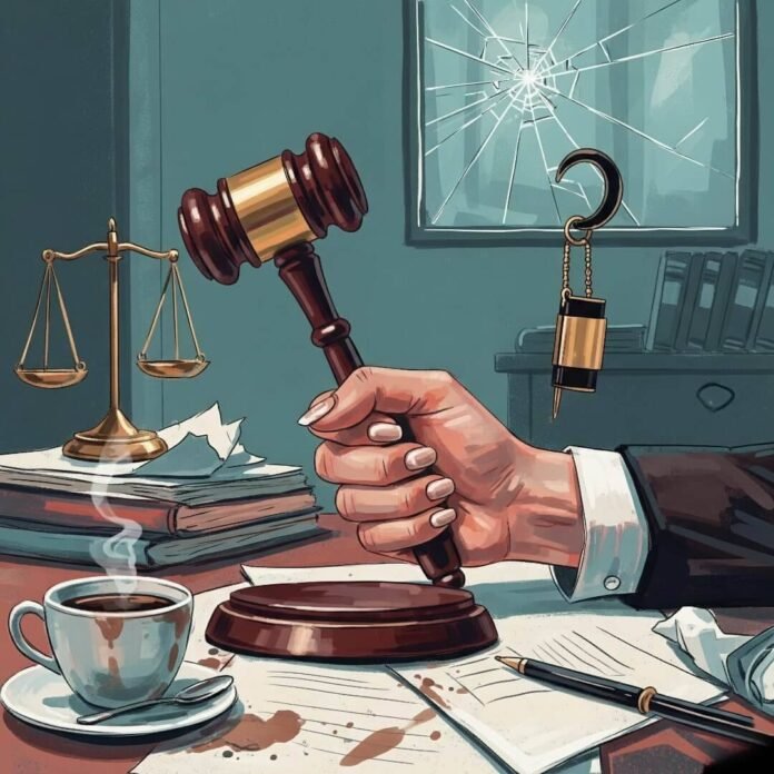 A hand with a gavel on a messy desk.