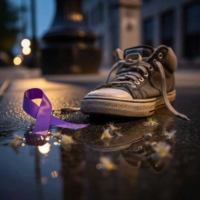 A high-res, kinda blurry photo of a scuffed sneake