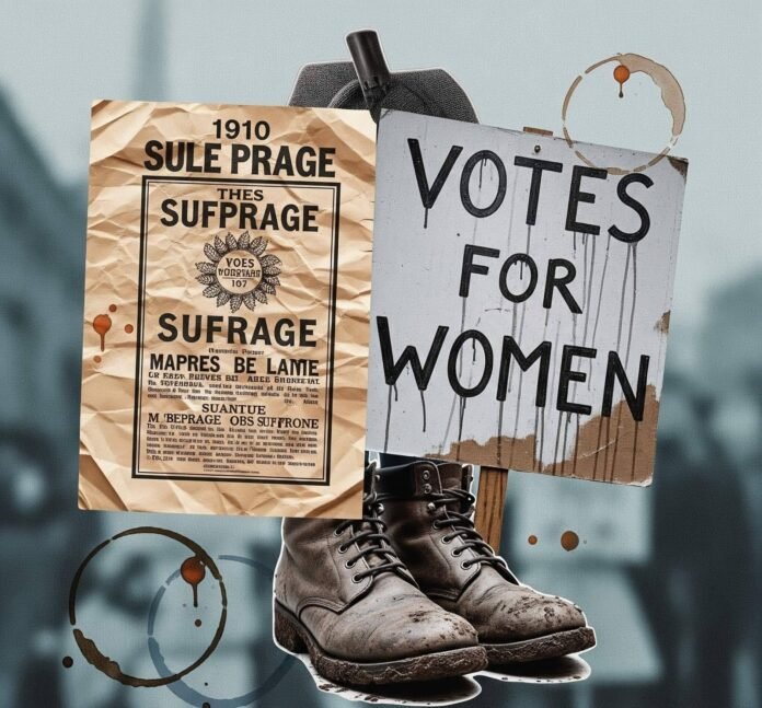 Suffrage Collage with Vintage Boots and Coffee Stains