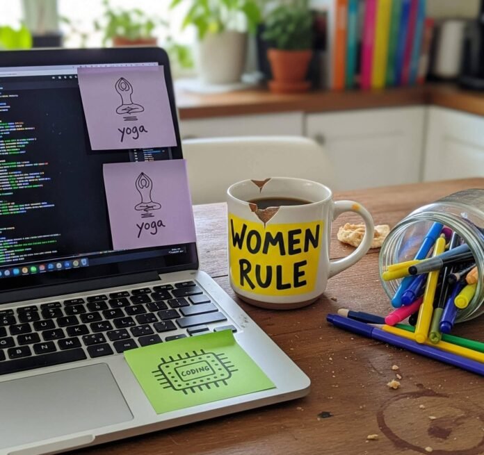 Cluttered Desk Photo: Laptop, “Women Rule” Mug, and Doodled Sticky Notes