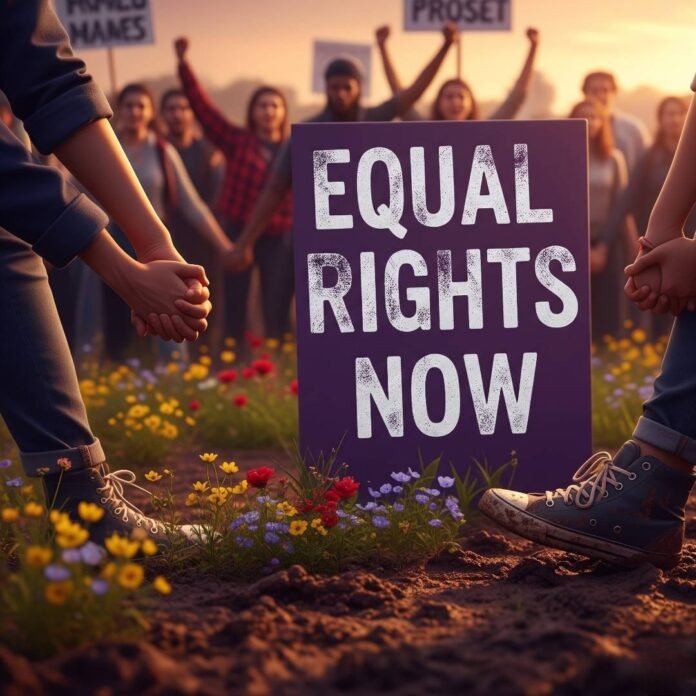 A blurry, eye-level shot of a protest rally. In the foreground
