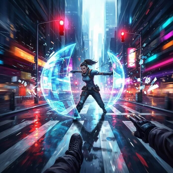 Impressionistic view of creating safer spaces for women with holographic shields in a cityscape.