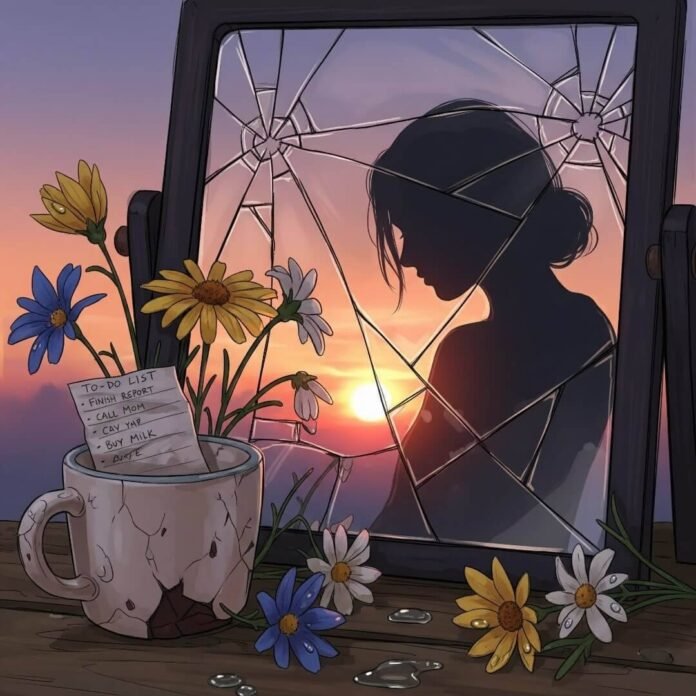 A digital painting of a woman’s silhouette by a cracked mirror with a sunset.