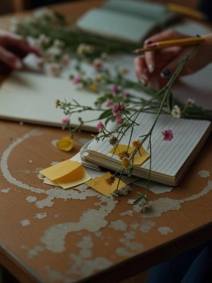 Cluttered table with notebook, wildflower, and coffee stains.