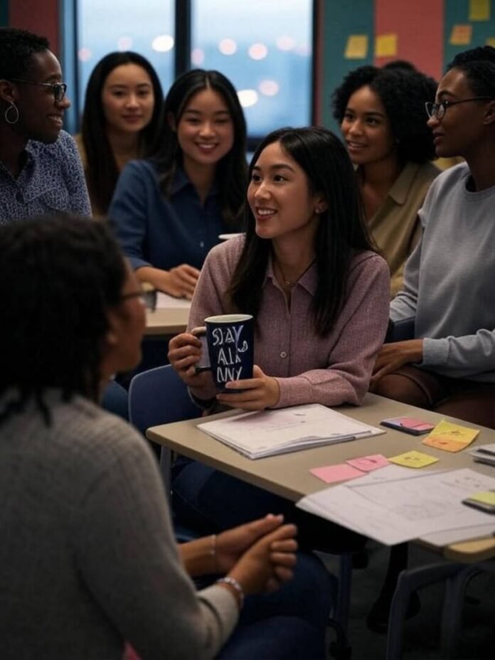 Women collaborating in modern classroom, 