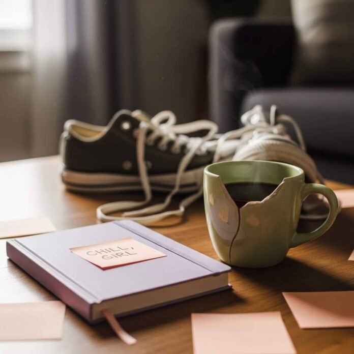 A blurry photorealistic shot of a coffee table with a journal, chipped mug, and sneakers.