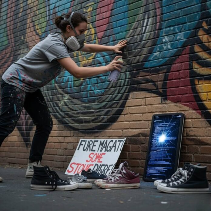 Cracked screen, spray paint, and code: a young woman's revolution.